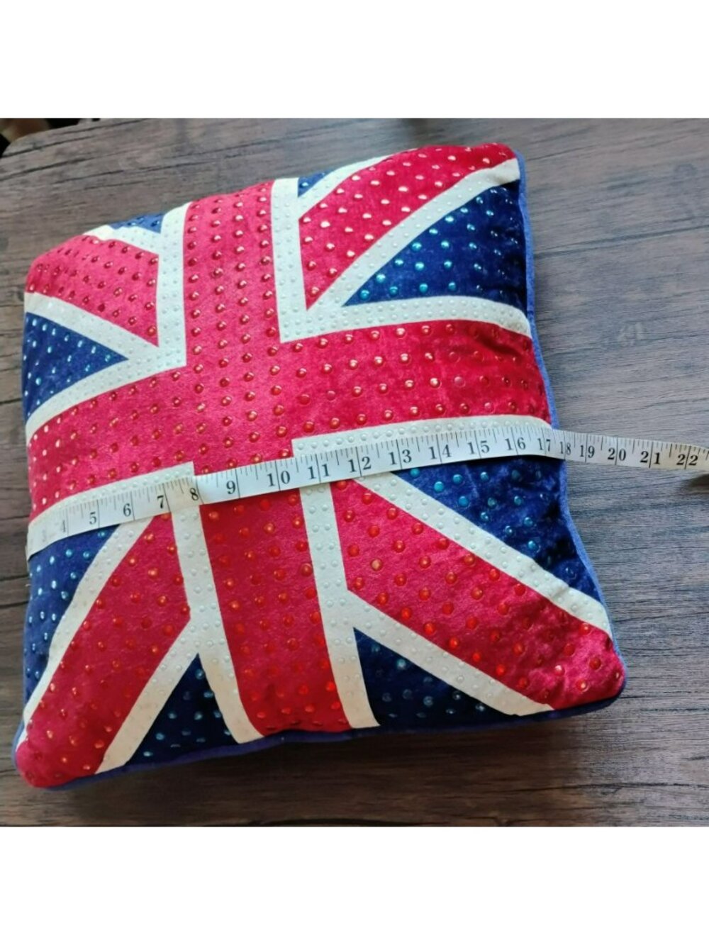 Vintage Union Jack Throw Pillow Crushed Velvet Rhinestone Accents 18" Red Blue - Picture 4 of 5